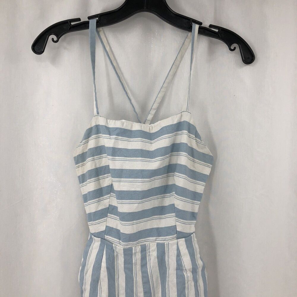Main Strip Jumpsuit Cropped Romper Blue Striped Sleeveless Tie LR70397 Small